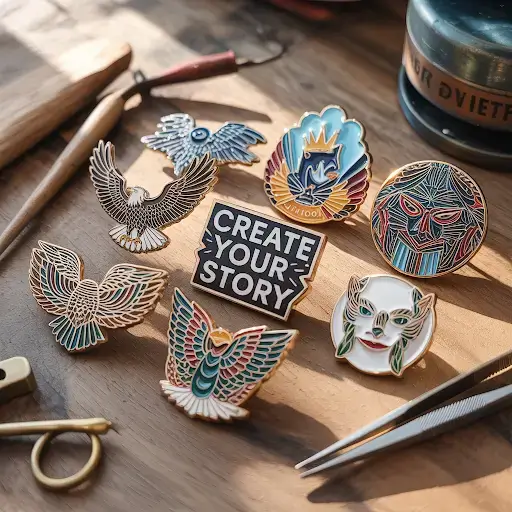 Lapel pins arranged on a rustic wooden surface