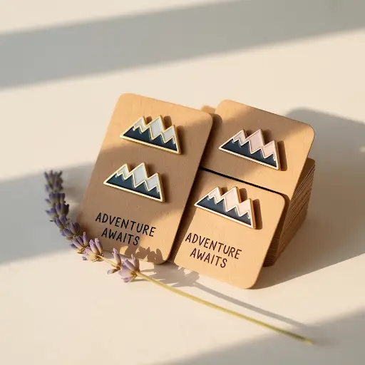 A set of custom pins displayed on a stack of kraft paper backer cards