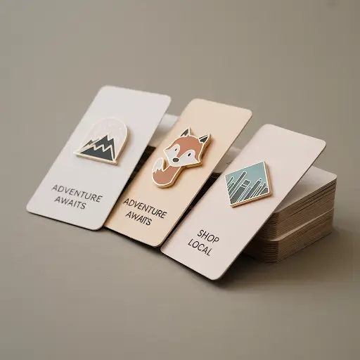 A set of custom pins elegantly arranged on a stack of backer cards