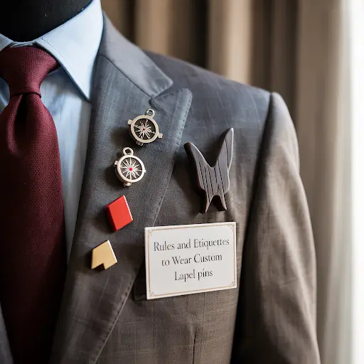 A stylish grey suit jacket with various custom lapel pins