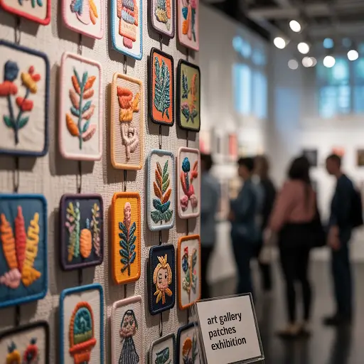 Custom patches displayed in a modern art gallery