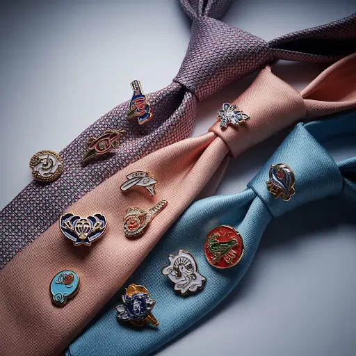 Custom pins arranged on a collection of stylish tie knots