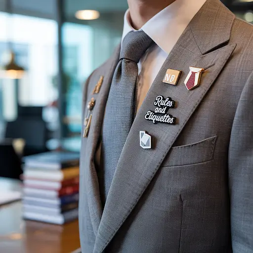 Grey suit jacket with various custom lapel pins