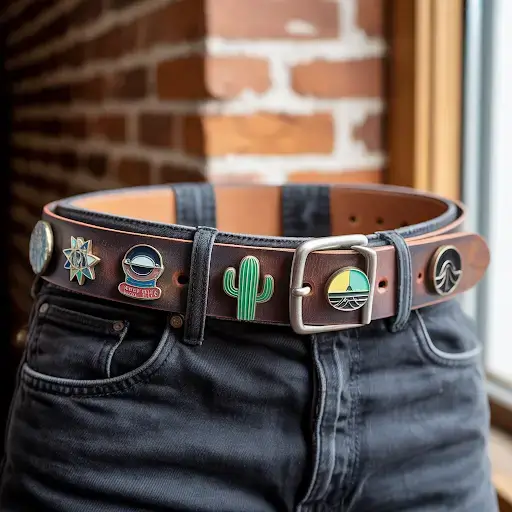 Leather belt adorned with a collection of custom pins