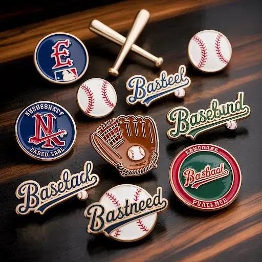 An assortment of custom baseball-themed lapel and enamel pins