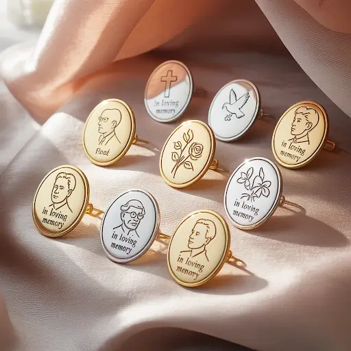 Custom memorial pins arranged on a soft velvet.