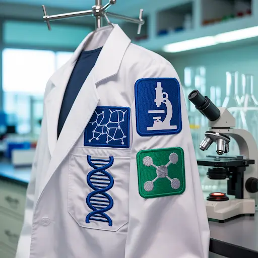 Custom patches applied on a lab coat