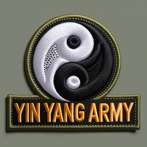 A military-style embroidered patch featuring a bold yin yang symbol