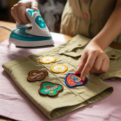 Ironing girls scout patches on khaki uniform