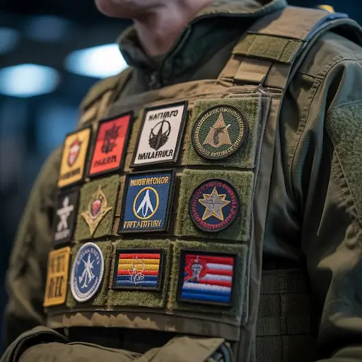 Multiple hook and loop patches are attached to a tactical vest