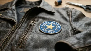 A patch sewn on a leather jacket.