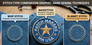 Patch sewing stitch type comparison blanket stitch, backstitch, and whip stitch.