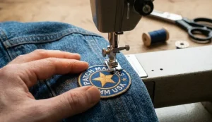 Sewing machine sewing patch on denim jacket straight stitch.