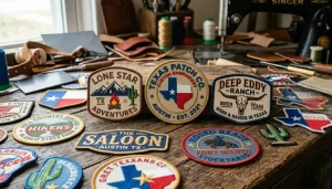A wooden table full of custom logo patches made of PVC, embroidered, woven, and printed materials