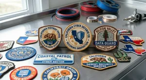 Custom security patches displayed on a metal counter