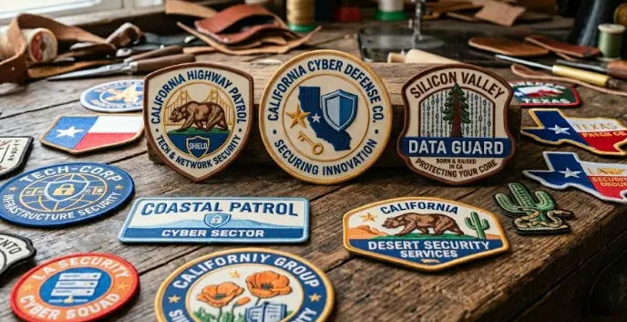Custom security patches lying on a wooden table surface.