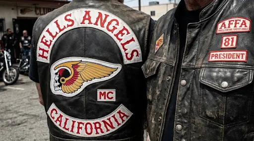 Hells Angels motorcycle club patches on biker vests