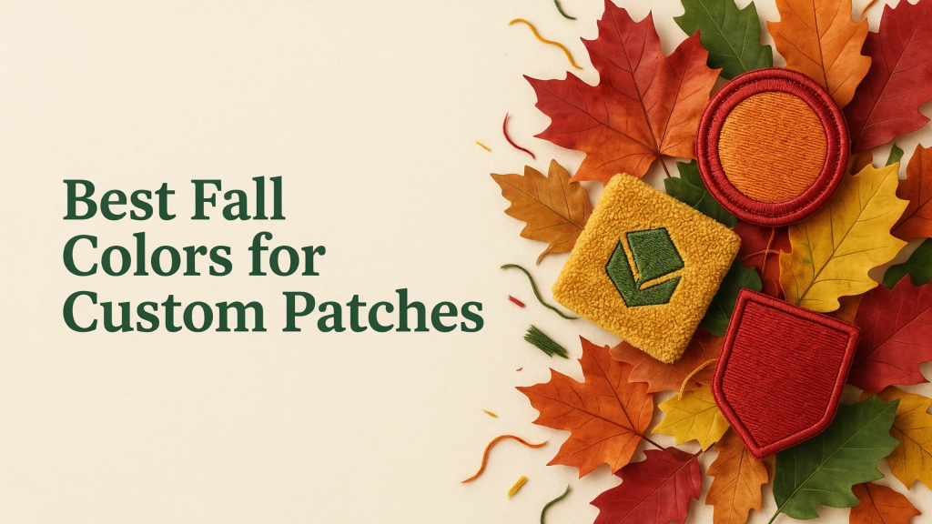 Multiple custom patches in fall theme colors with a title text.