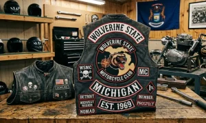 Biker vest with motorcycle patches displayed in a motorcycle club meeting