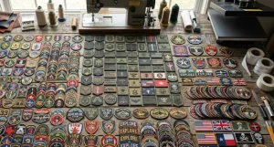 Custom patch manufacturing facility with industrial sewing machine and heat press