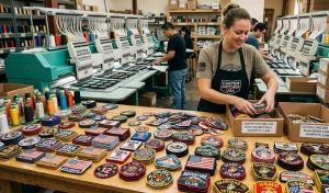 Manufacturing and packaging of a bulk embroidered patch order in a patch maker facility in the USA