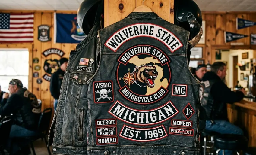Motorcycle patch vest hanging on a pillar in a Michigan-based motorcycle club.