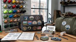 Custom patches attached to a satchel and a duffel bag with design sketches in a spiral notebook, all kept on a wooden table.